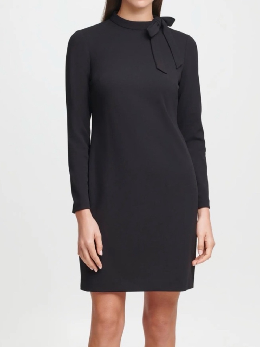 Calvin Klein Black Long-Sleeve Shift Dress with Neck Tie